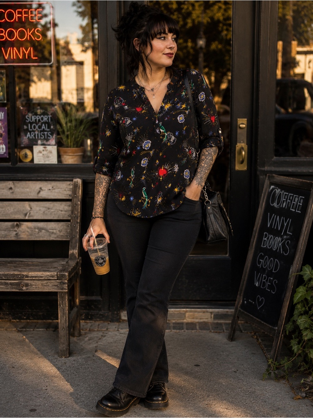 Torrid Harper Skull Heart Swallow Tattoo Print Blouse Size 3 3X High Low